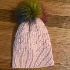 Pink Cable Knit Kids Beanie with Multicolor Pom Pom